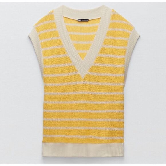 NWT Zara Yellow & White Striped Oversized V-Neck Knitted Sweater Vest, Medium - Picture 8 of 16